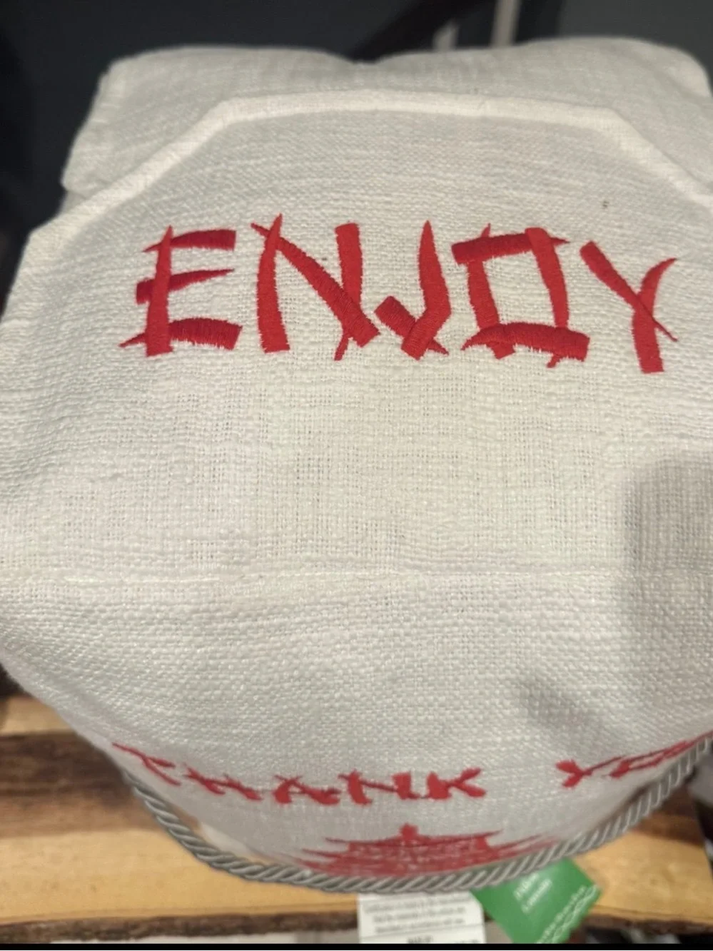 Embroidered 'Thank You' Chinese Takeout Box Accent pillow - White & Red
